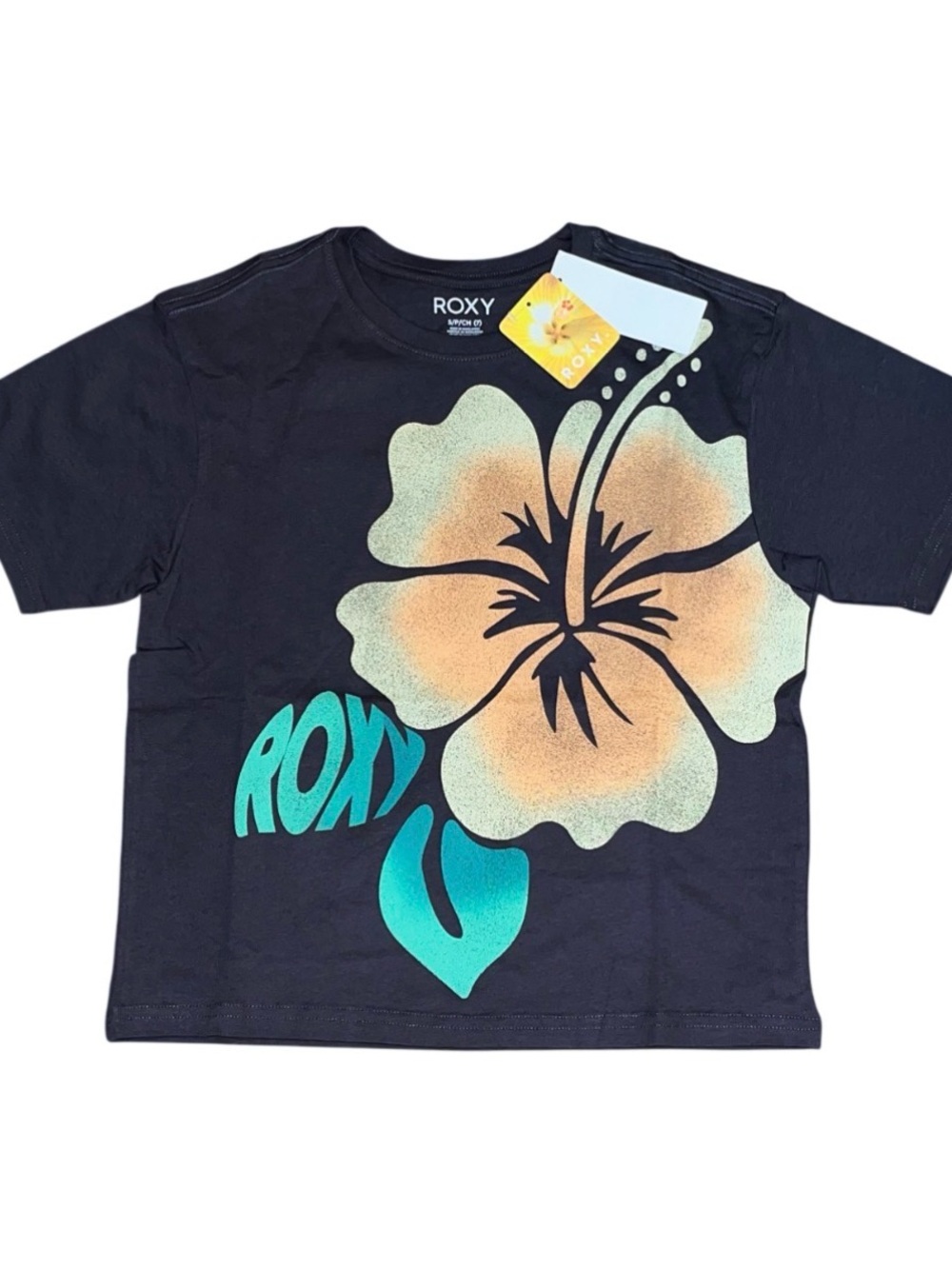 Roxy Brown Yellow Hibiscus BeachFloral Girls Tee Short Sleeve Shirt NWT Small 7